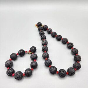 Lava Rock Necklace & Bracelet Set 18" + 3" Red Spacer Beads Lobster Clasp